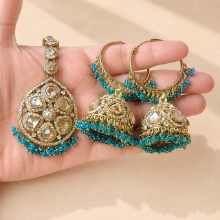Emmie Teal Blue Polki Necklace Set with Tikka