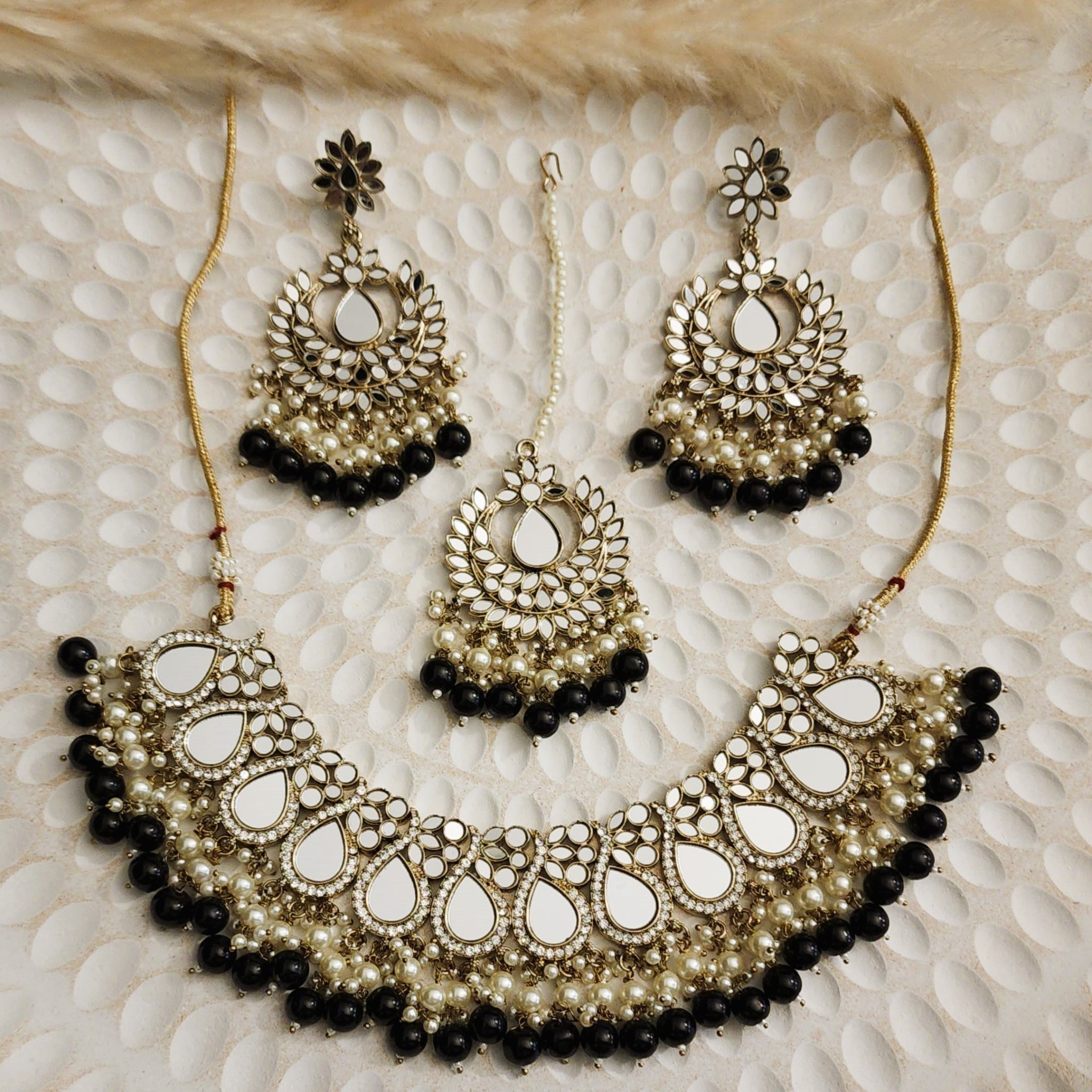 Black Mosaic Mirror Necklace Set with Tikka / Eclat Indian Jewels