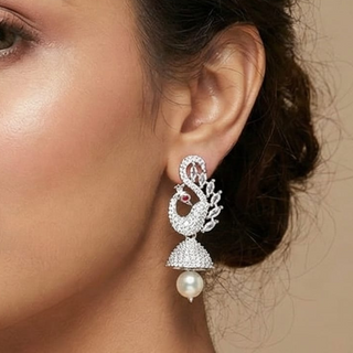 Frances White Peacock CZ American Diamond Jhumki Earrings