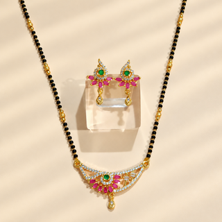 Phoebe multicolour gold finish CZ diamond mangalsutra necklace and earrings with pink and green stones