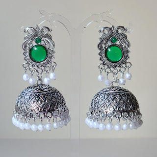 Georgina Dark Green German Silver Jhumka Earrings