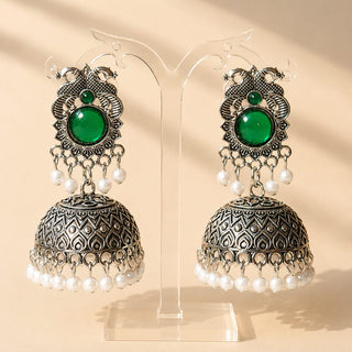 Georgina Dark Green German Silver Jhumka Earrings
