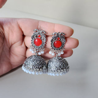 Georgina Red German Silver Jhumka Earrings