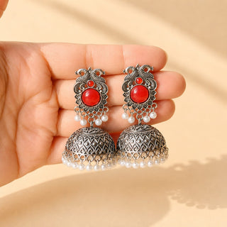 Georgina Red German Silver Jhumka Earrings