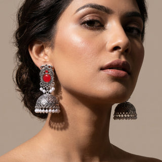 Georgina Red German Silver Jhumka Earrings