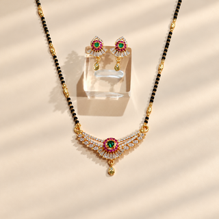 Olivia multicolour CZ diamond simulant black bead mangalsutra necklace set with matching earrings gold finish
