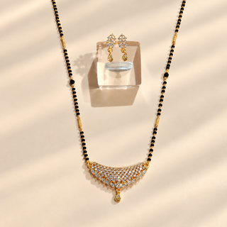 Charlotte white CZ diamond simulant gold finish black bead mangalsutra necklace set with matching earrings