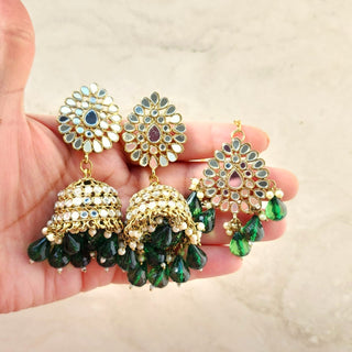 Hailey Green Baahubali Mirror Jhumki Tikka Set (detachable hair chain)