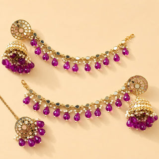Haley Purple Baahubali Mirror Jhumki Tikka Set (detachable hair chain)