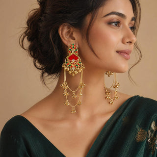 Helsa Red Kashmiri Gold Finish Earrings