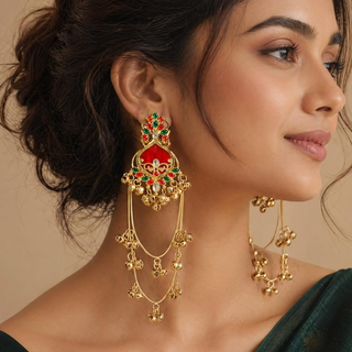 Helsa Red Kashmiri Gold Finish Earrings