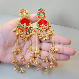 Helsa Red Kashmiri Gold Finish Earrings