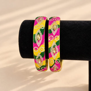 Poppy multicolour traditional Indian kada bangles pair front view on black jewellery stand