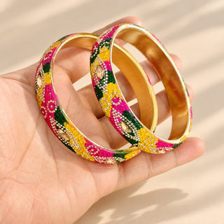 Poppy multicolour gold finish kada bangles pair showing interior and crystal details