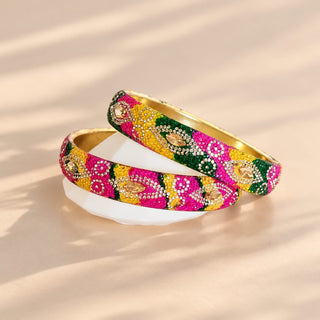 Poppy multicolour kada bangles pair in pink yellow green with gold and crystal embellishments