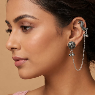 Idris Silver Lightweight & Easy to Wear Drop Chain Ear Cuff Earrings