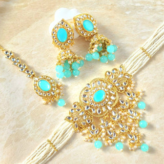 Isha Light Blue Kundan Choker Necklace Set with Tikka