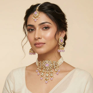 Isha Light Purple Kundan Choker Necklace Set with Tikka