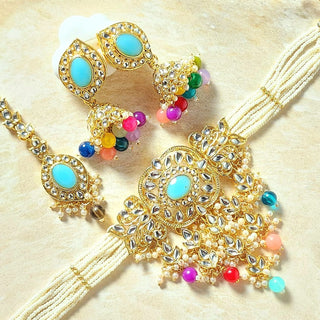 Isha Multicolour Blue Kundan Choker Necklace Set with Tikka