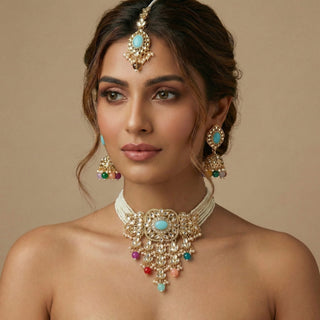 Isha Multicolour Blue Kundan Choker Necklace Set with Tikka