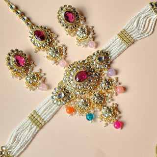 Ishaavi Multicolor Kundan Choker Necklace Set with Tikka