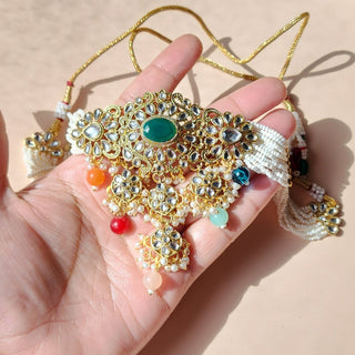 Ishaavi Multicolour Kundan Choker Necklace Set with Tikka