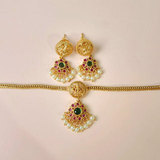 Iva Multicolour Gold Finish CZ Diamond Temple Necklace Set