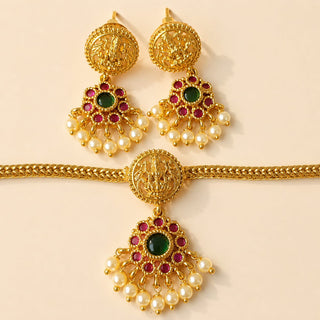 Iva Multicolour Gold Finish CZ Diamond Temple Necklace Set