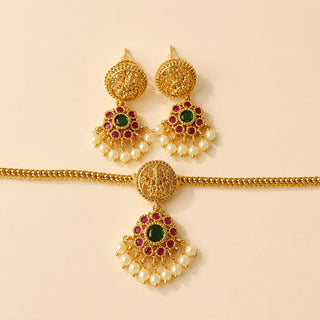 Iva Multicolour Gold Finish CZ Diamond Temple Necklace Set