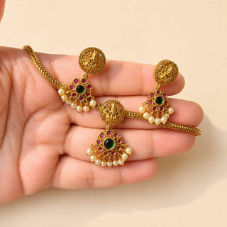 Iva Multicolour Gold Finish CZ Diamond Temple Necklace Set