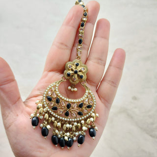 Juno Black Polki Necklace Set with (Detachable) Baahubali Earrings and Maang Tikka