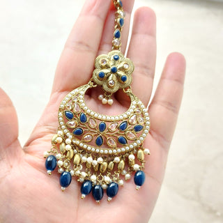 Juno Blue Polki Necklace Set with (Detachable) Baahubali Earrings and Maang Tikka