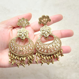 Juno Gold Polki Necklace Set with (Detachable) Baahubali Earrings and Maang Tikka