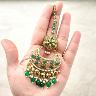 Juno Green Polki Necklace Set with (Detachable) Baahubali Earrings and Maang Tikka