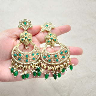 Juno Green Polki Necklace Set with (Detachable) Baahubali Earrings and Maang Tikka