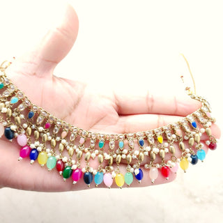 Juno Multicolour Polki Necklace Set with (Detachable) Baahubali Earrings and Maang Tikka