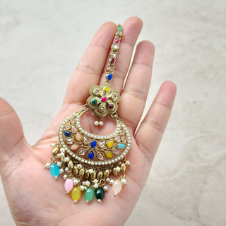 Juno Multicolour Polki Necklace Set with (Detachable) Baahubali Earrings and Maang Tikka