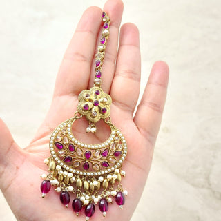 Juno Purple Polki Necklace Set with (Detachable) Baahubali Earrings and Maang Tikka