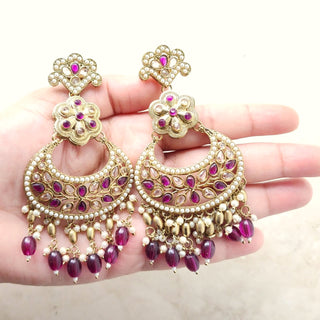 Juno Purple Polki Necklace Set with (Detachable) Baahubali Earrings and Maang Tikka