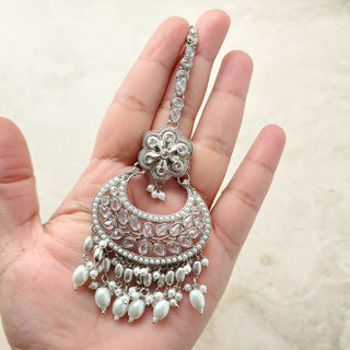 Juno Silver Polki Necklace Set with (Detachable) Baahubali Earrings and Maang Tikka