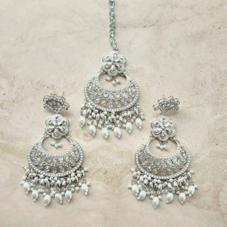 Juno Silver Polki Necklace Set with (Detachable) Baahubali Earrings and Maang Tikka