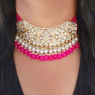 Karleigh Magenta Pink Kundan Choker Necklace Set with Tikka