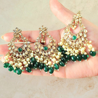 Kayla Green Polki Necklace Set with Tikka