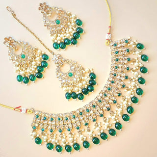Kayla Green Polki Necklace Set with Tikka