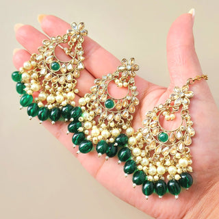 Kayla Green Polki Necklace Set with Tikka