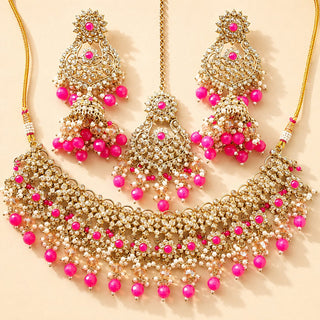 Kiara Magenta Pink Polki Diamond Choker Necklace Set with Tikka