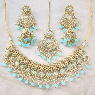 Kiara Pastel Blue Polki Diamond Choker Necklace Set with Tikka