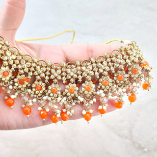 Kiara Polki Diamond Orange Choker Necklace Set with Tikka