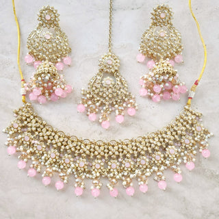 Kiara Polki Diamond Pink Choker Necklace Set with Tikka