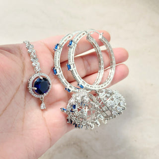 Kriti Blue American Diamond Bali Jhumki Tikka Set